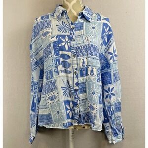 C&C 100% Linen Blue Print Long Sleeve Button Up Coastal Beach‎ Womens Large L